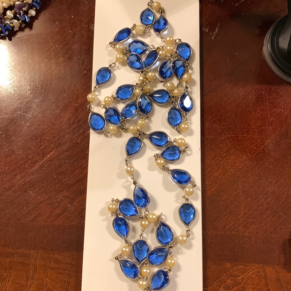 Long Silver Tone Blue And Pearl Necklace